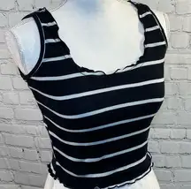 VIOLET MOON Tank Top Lettuce Edge Cropped Black/White Striped-Small