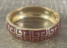Vintage Gold Tone & Fuchsia Bangle Bracelet w/ Geometric Design