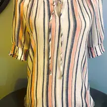 Ruffled Navy & Pink Striped Puff Sleeve Top with Tie Front