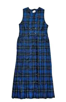 Susan Bristol Vintage Navy Blue‎ & Black Plaid Jumper Pleated Midi Dress Size 4