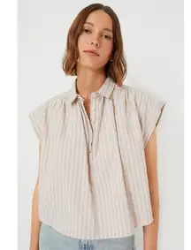 Pomander Place Tuckernuck Tan Stripe Drop Shoulder Rosie Popover Top Womens XS