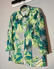 Chico’s Full Zip Jacket Tropical Palm Leaf Print Size 2 Large Cotton Stretch
