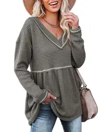 Waffle V Neck Tunic Peplum Flowy Swing Loose Long Sleeve Sweater Green S