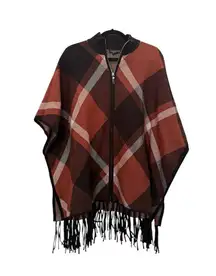 Rachel Zoe Plaid Oversized Poncho Sweater Turtleneck Orange Black Size L/XL