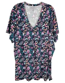 Woman Within Plus Size 3X Top‎ 30W 32W Blue Floral Print V Neck Cotton 1691