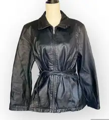 💛 Jacqueline Ferrar Leather Jacket w Waist Tie Button Up Woman’s Size L Black