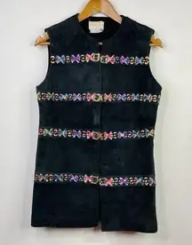 Vintage Embroidered Suede Wool Long 70s Boho Festival Vest Top Black womens 10