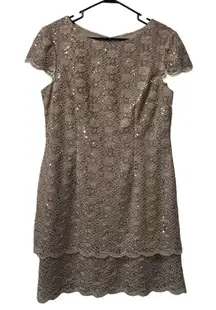 Alex Evenings Womens Petite 16P Tan Dress Zip Sequined‎ Formal Evening Business