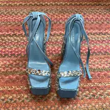 AZALEA WANG Blue DENIM RHINESTONE FRINGE Embellished Women's HEELS