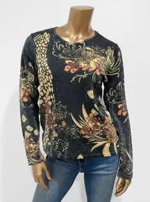 The Magic Scarf Company Women’s Black & Gold Beaded Metallic Floral Top Size S/L