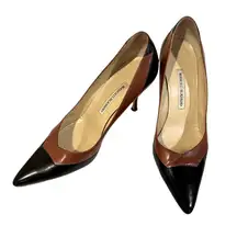 Manolo Blahnik Black and Brown Y2K Leather Geometric Pumps Pointy Toe Heels 39.5
