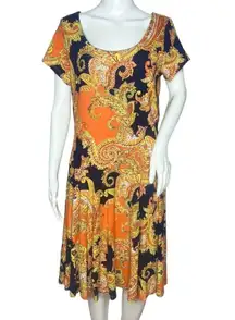Lauren Ralph Lauren Fit & Flare‎ Dress Orange Yellow Paisley Short Sleeve Size L