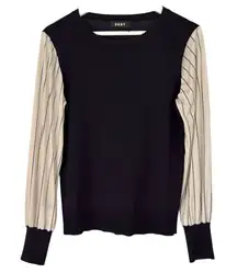 DKNY navy striped sleeve mixed media sweater blouse M