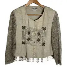 Joseph Ribkoff Boho printed knit overlay Jacket with wooden bead trim size L