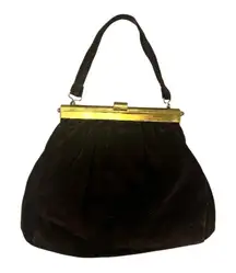 Vintage 1940s Brown Velvet‎ Gold Gold Kiss Clasp Handbag
