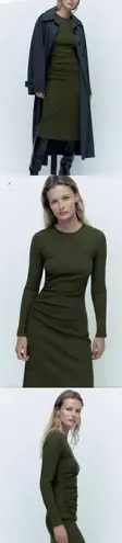 ZARA NWOT  Ruched Dress - Ribbed, L, Khaki Olive Green