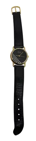 1980s Tali Beverly Hills Watch Rhinestone Accent Gold Tone Black Face Quartz