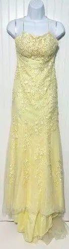 Amarra Lace Up Halter Fit & Flare Formal Dress Gown Embroidered Lace Yellow 2