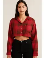 Out From Under Urban Outfitters Red Plaid Cropped Flannel Shirt Size Small