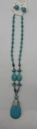 Turquoise Beaded Necklace and Earring Coord Set Boho Statement Pendant Jewelry Blue