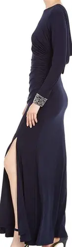 Vince Camuto Navy Dark Blue Embellished Long Sleeve Drape Evening Bodycon Maxi Dress