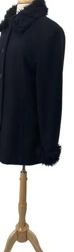 Vintage Y2k Wool Coat Single Breasted Button Down Faux Fur Trim Collar Black XL