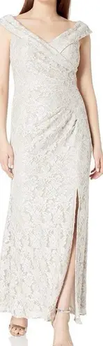 Alex Evenings Ivory Beige Glitter Lace Off Shoulder Formal Maxi Dress Size 10