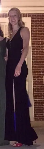 Betsy and Adam Halter Cut Out Formal Dress With Side Slit