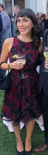 HALSTON Red Black Floral Printed Tulle Hourglass Sleeveless Midi Dress Size 12