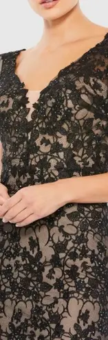 Mac Duggal 50644 Black Lace Plunge Neck Short Puff Sleeve Trumpet Gown