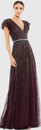 Mac Duggal Womens Purple Sequin Wrap Over Ruffle Cap Sleeve Gown Dress 5502