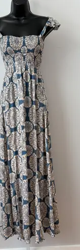 Tiare Hawaii Blue Floral Smocked Maxi Dress One Size NWOT