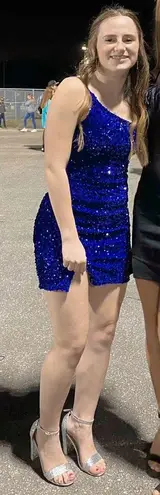 Midnight Doll Sparkly Sequin Blue One Strap Formal Dress