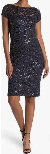 Marina Sequin Lace Cap Sleeve Sheath Dress in Gun Size small