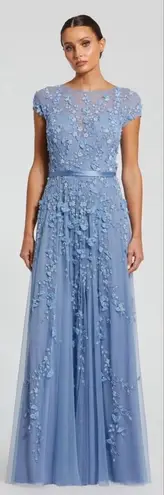 Mac Duggal 14521 Blue Floral Embellished Short Sleeve Mesh Gown Dress