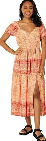 Lucky Brand  orange and pink floral Aztec printed midi puff sleeve dress