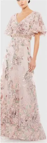 Mac Duggal Womens Pink Floral Embellished Short Sleeve Gown 67880 Runs Small