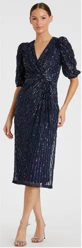 Mac Duggal 5578 Womens Sequined V Neck Short Puff Sleeve Midi Dress