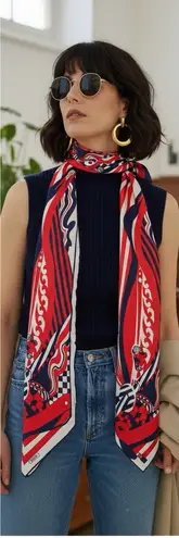 VTG Norma Tullo Silk Scarf Wrap 60s Pop Art Red White Navy Couture Bag Accessory