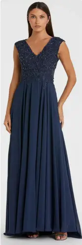 Mac Duggal 20264 Navy Beaded Cap Sleeve Maxi Gown Dress Size 12 NWT