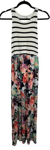 Beeson River White Black Striped Floral Print Sleeveless Maxi Dress Size Medium
