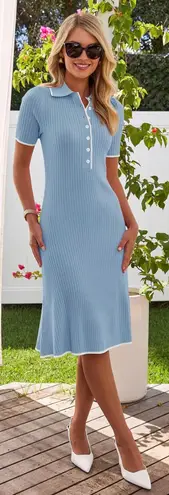 Merokeety Women's V Neck Ribbed Knit Midi Dress Short Sleeve Button Elegant Bodycon Sweater Dress