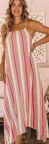 The Lace Daisy NEW Colorful Striped Spaghetti Strap Handkerchief Hem Maxi Dress Size Large