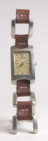Fossil ES1117 Rectangle Gold Tone Face Brown Leather Link Watch Women
