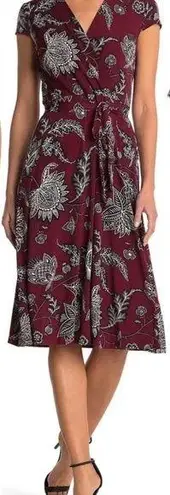 Sandra Darren Maroon Burgundy Red Floral Print V Neck Wrap Dress Small NWT