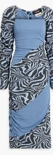 Ganni Ahluwalia X Collab Midi Dress Blue Ruched Animal Print Zebra Stripes 44 XL