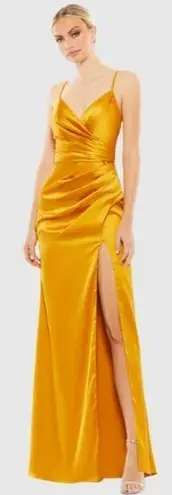 Mac Duggal  26585 Satin Sleeveless Faux Wrap Ruched Gown NWT sz 0 Marigold/Yellow