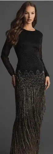 Mac Duggal 93584 Long Sleeve Beaded Fringe Evening Gown Dress