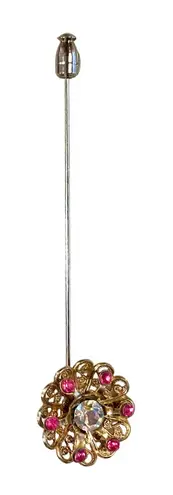 Vintage 60s Gold Tone AB Pink Rhinestone 3D Flower Stick Pin Retro Brooch 3.5”