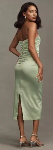 BHLDN Anthropologie Strapless Green Satin Dress Ruched Knee Length Size Med NWT